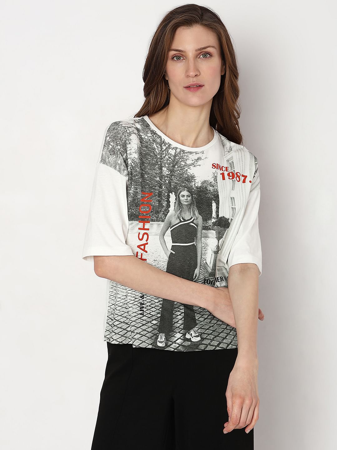 White Printed Drop Shoulder T-Shirt