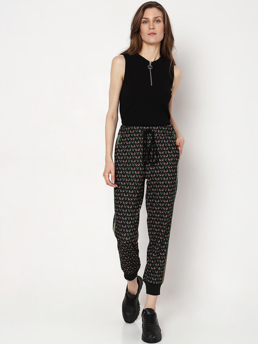 Black Mid Rise Printed Co-Ord Set Joggers