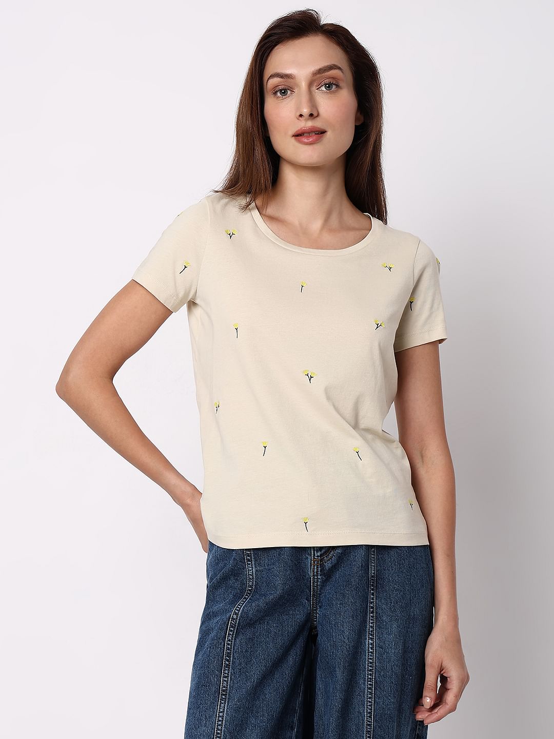 Beige Floral Embroidered T-Shirt