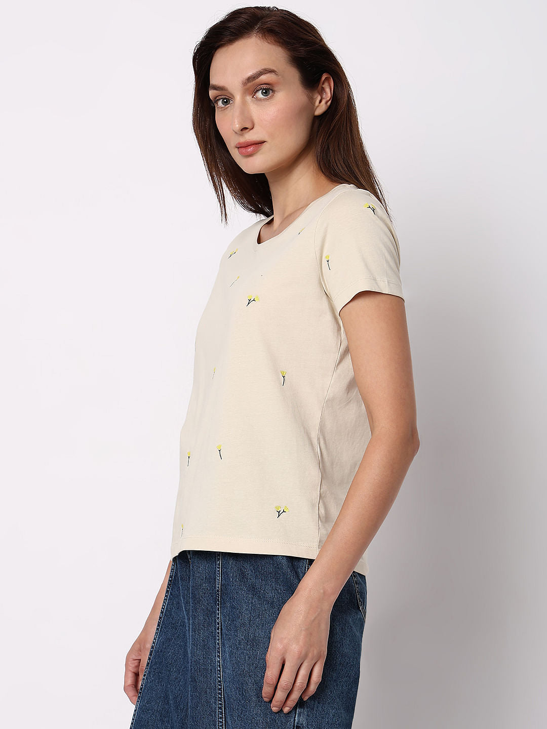 Beige Floral Embroidered T-Shirt