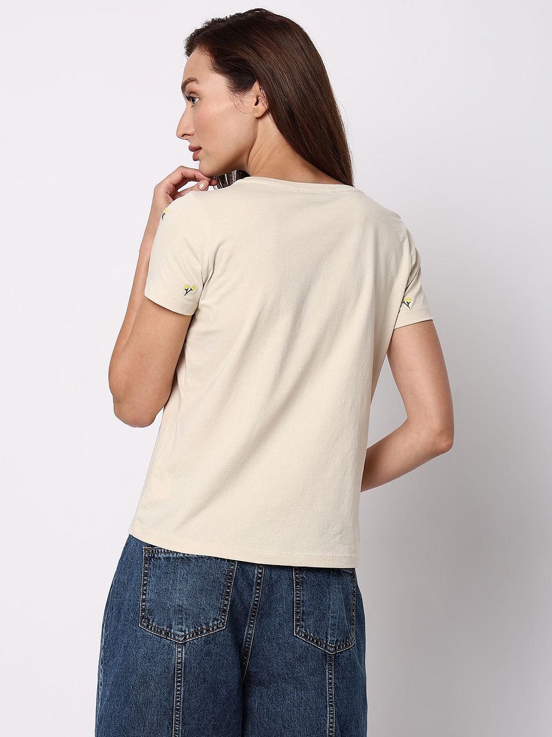 Beige Floral Embroidered T-Shirt