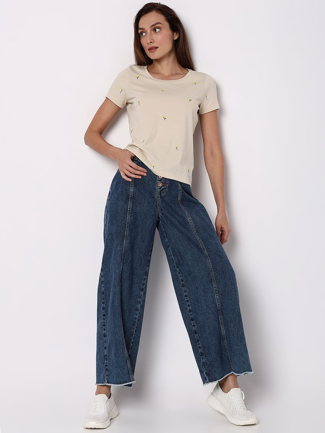 Beige Floral Embroidered T-Shirt