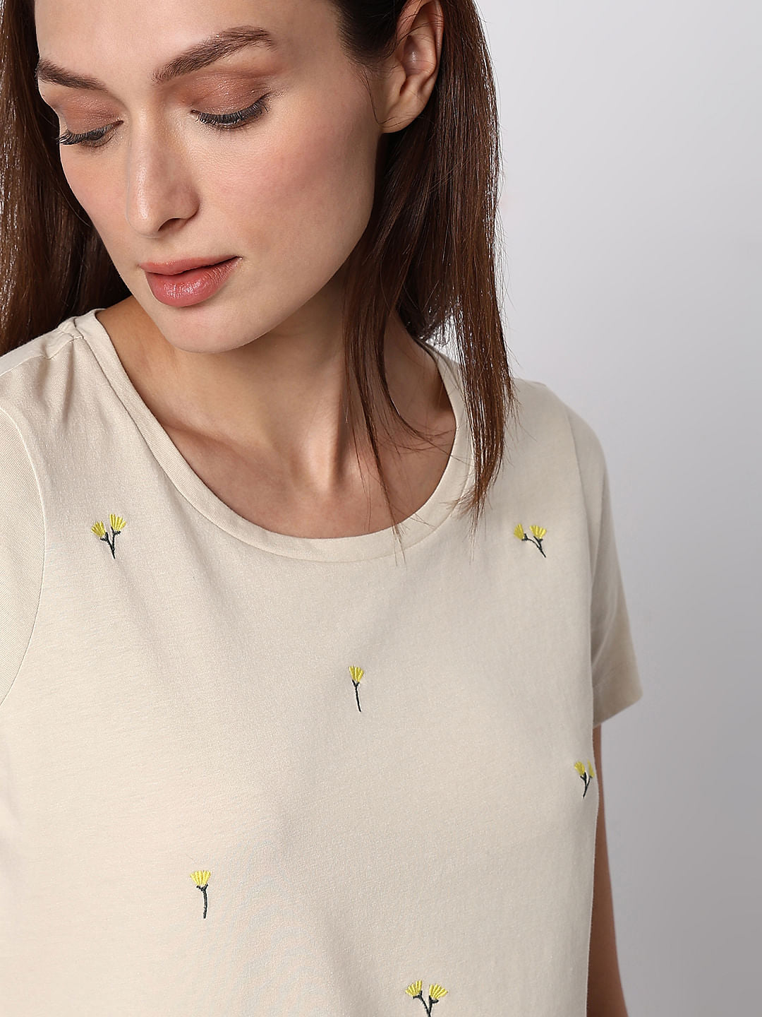 Beige Floral Embroidered T-Shirt