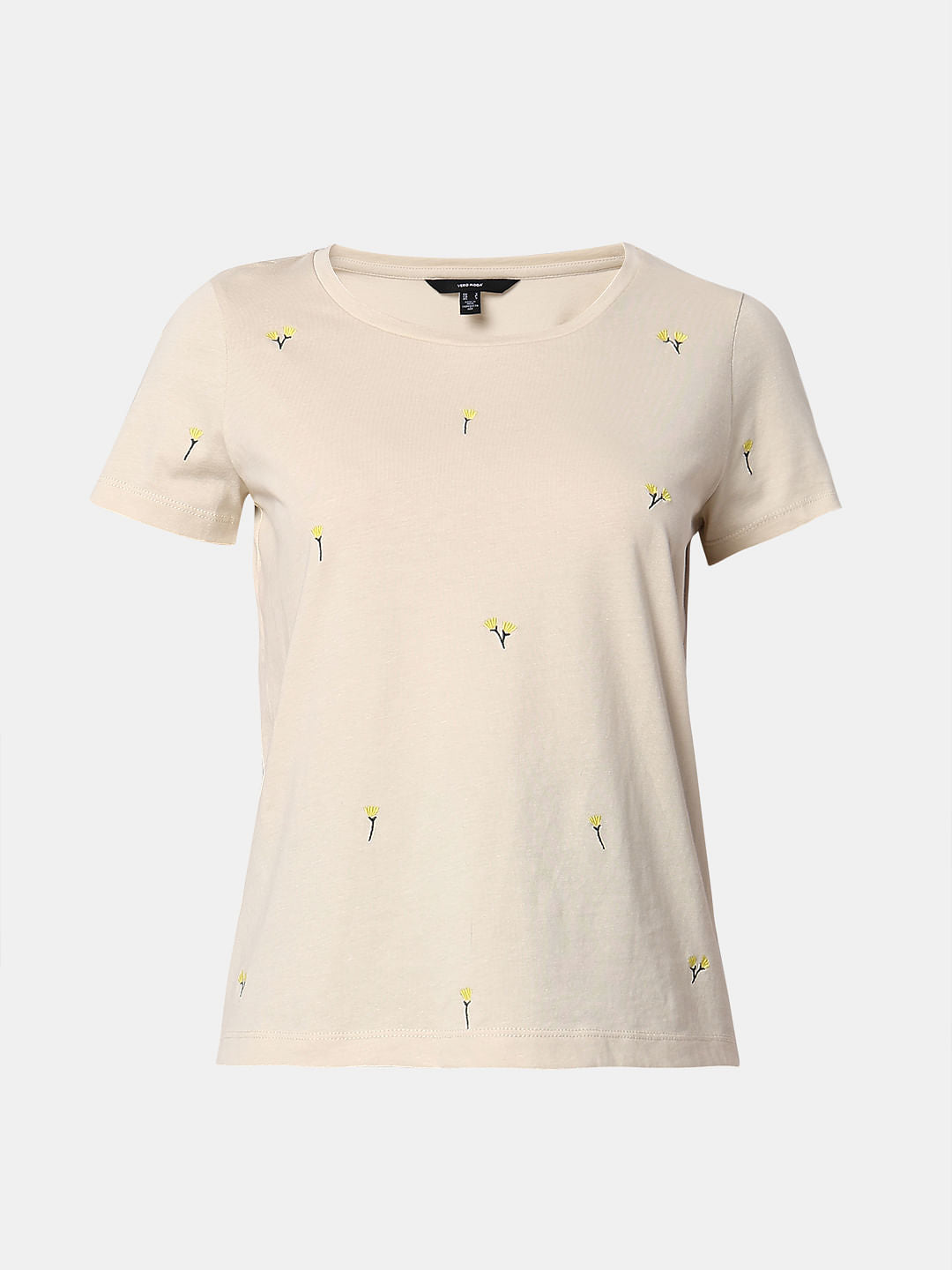Beige Floral Embroidered T-Shirt