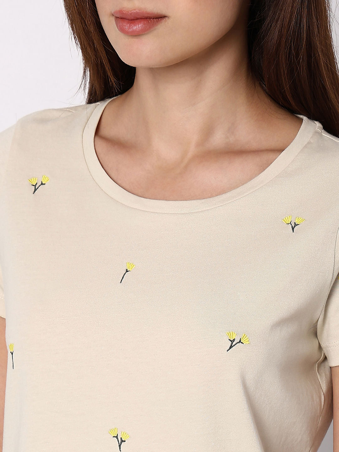 Beige Floral Embroidered T-Shirt