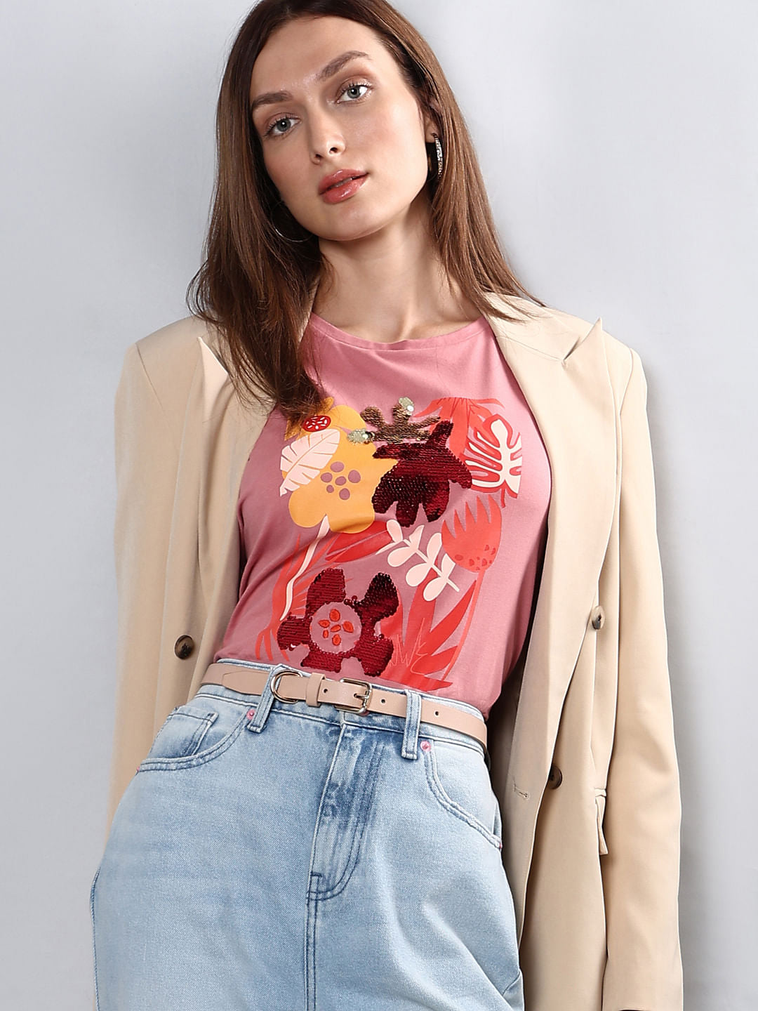Pink Floral Sequin Detail T-Shirt