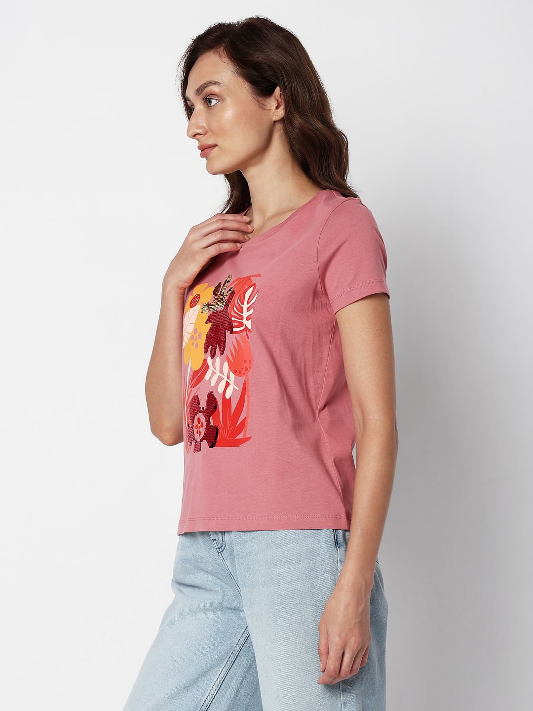 Pink Floral Sequin Detail T-Shirt
