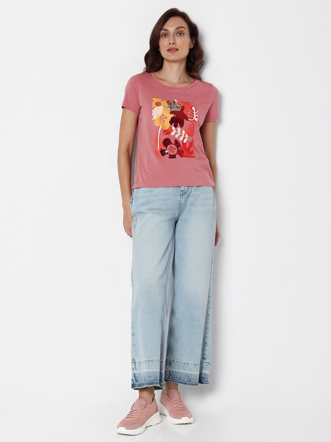 Pink Floral Sequin Detail T-Shirt