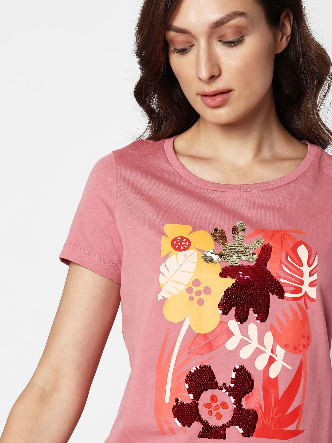 Pink Floral Sequin Detail T-Shirt