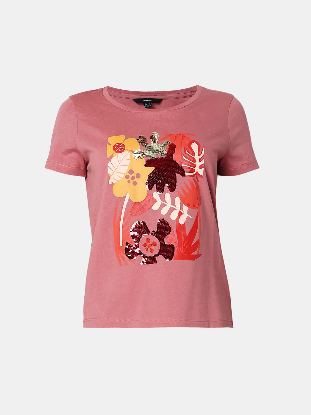 Pink Floral Sequin Detail T-Shirt