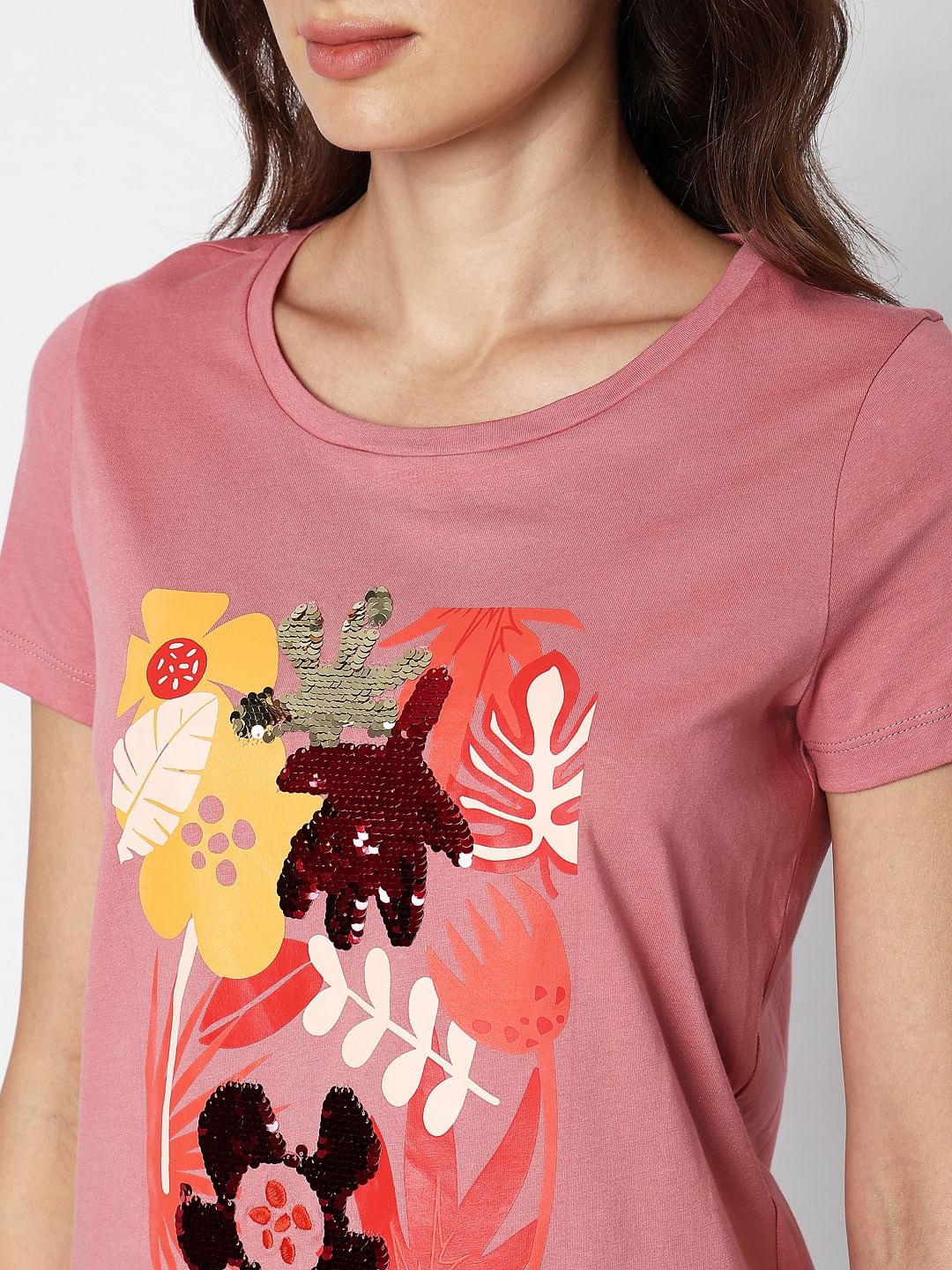 Pink Floral Sequin Detail T-Shirt