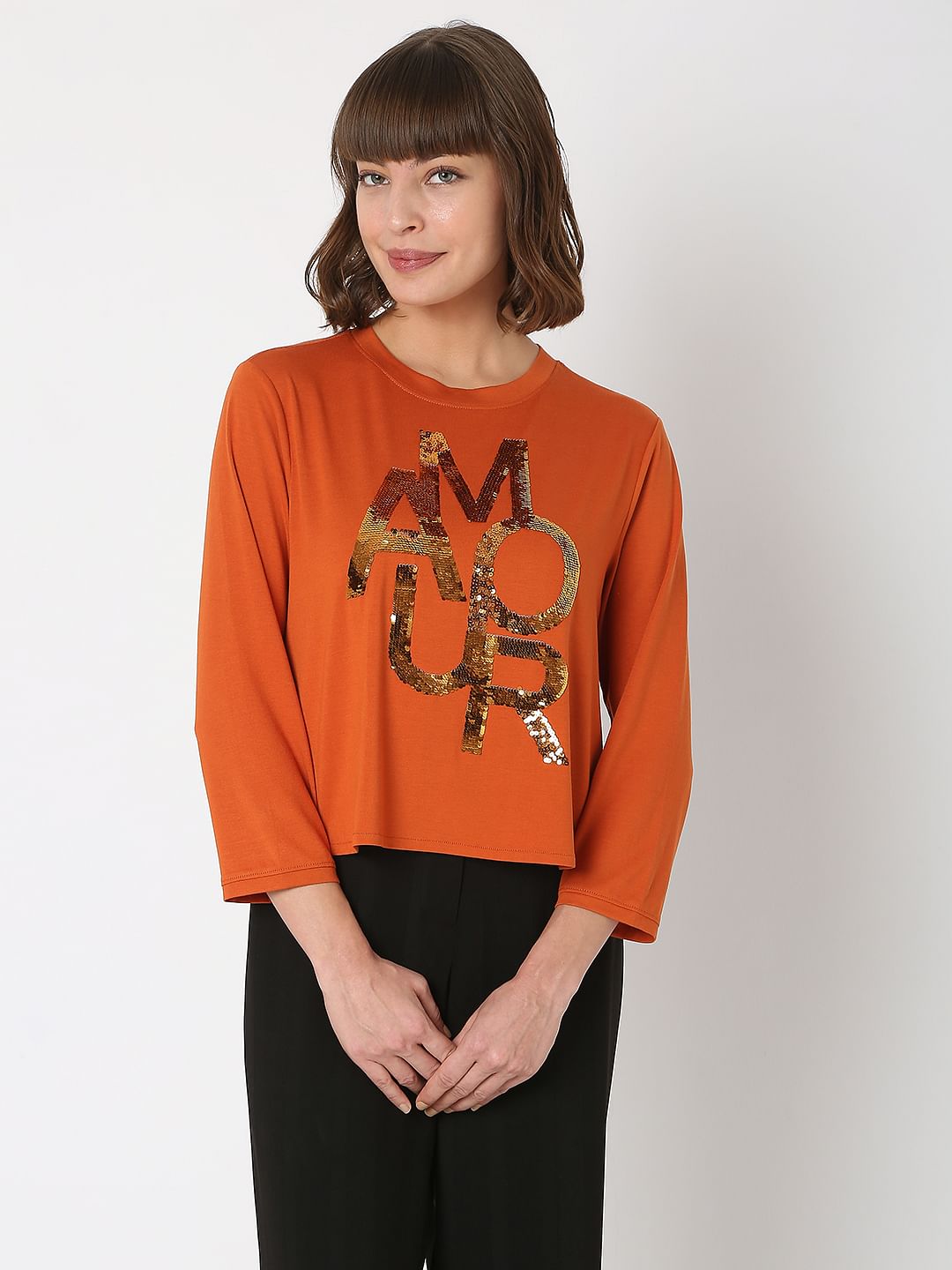 Brown Text Print T-Shirt