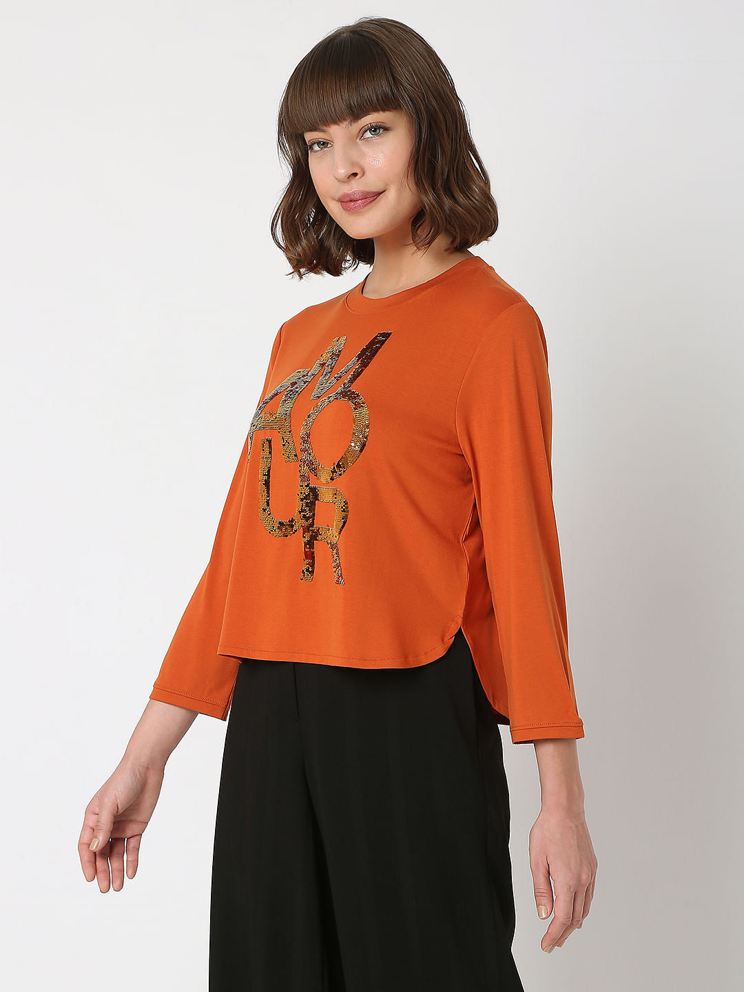 Brown Text Print T-Shirt