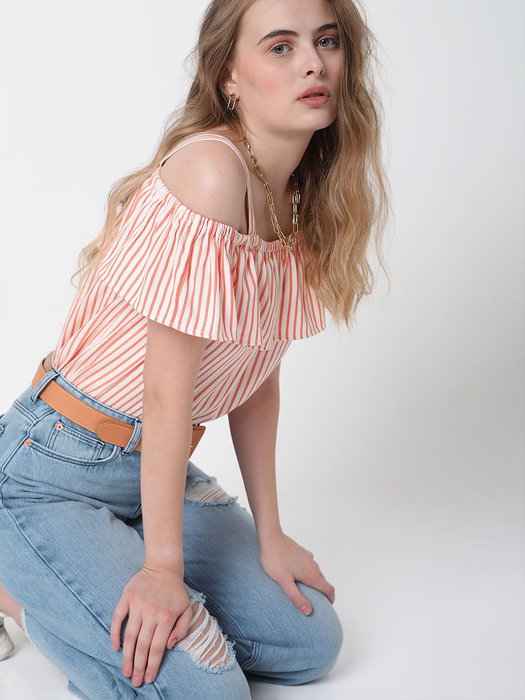 White Striped Off-Shoulder Co-Ord Set Top