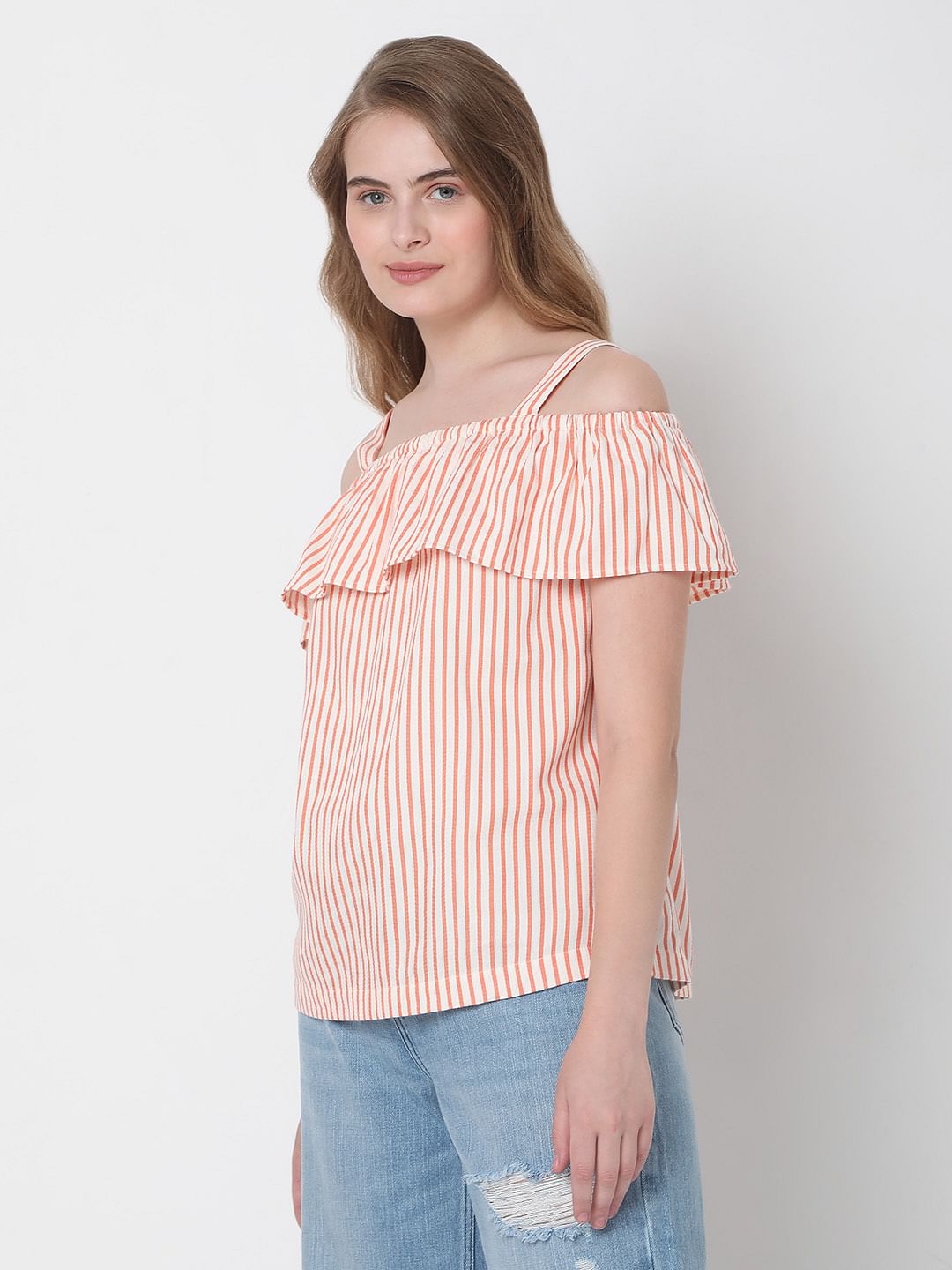 White Striped Off-Shoulder Co-Ord Set Top