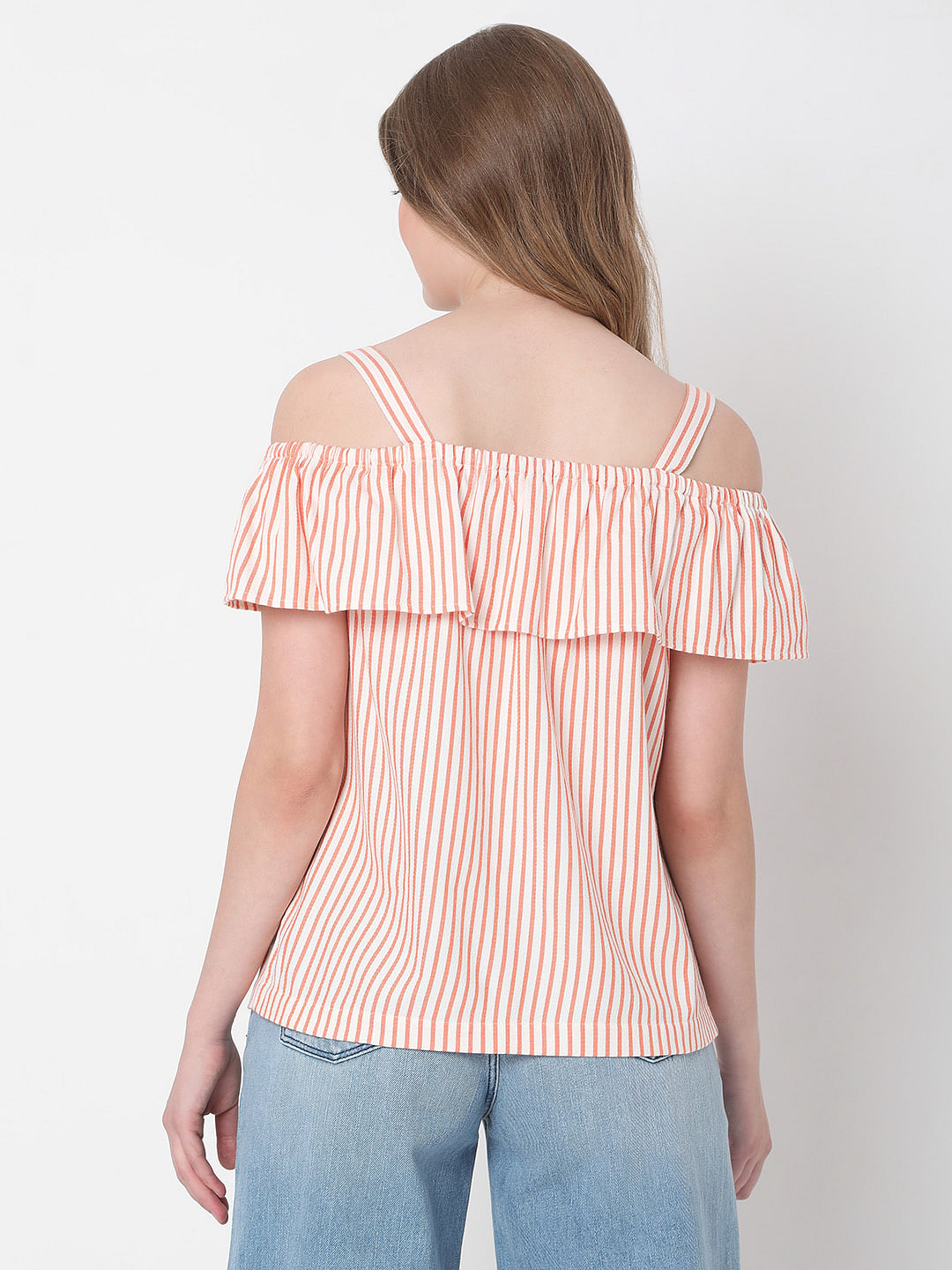 White Striped Off-Shoulder Co-Ord Set Top