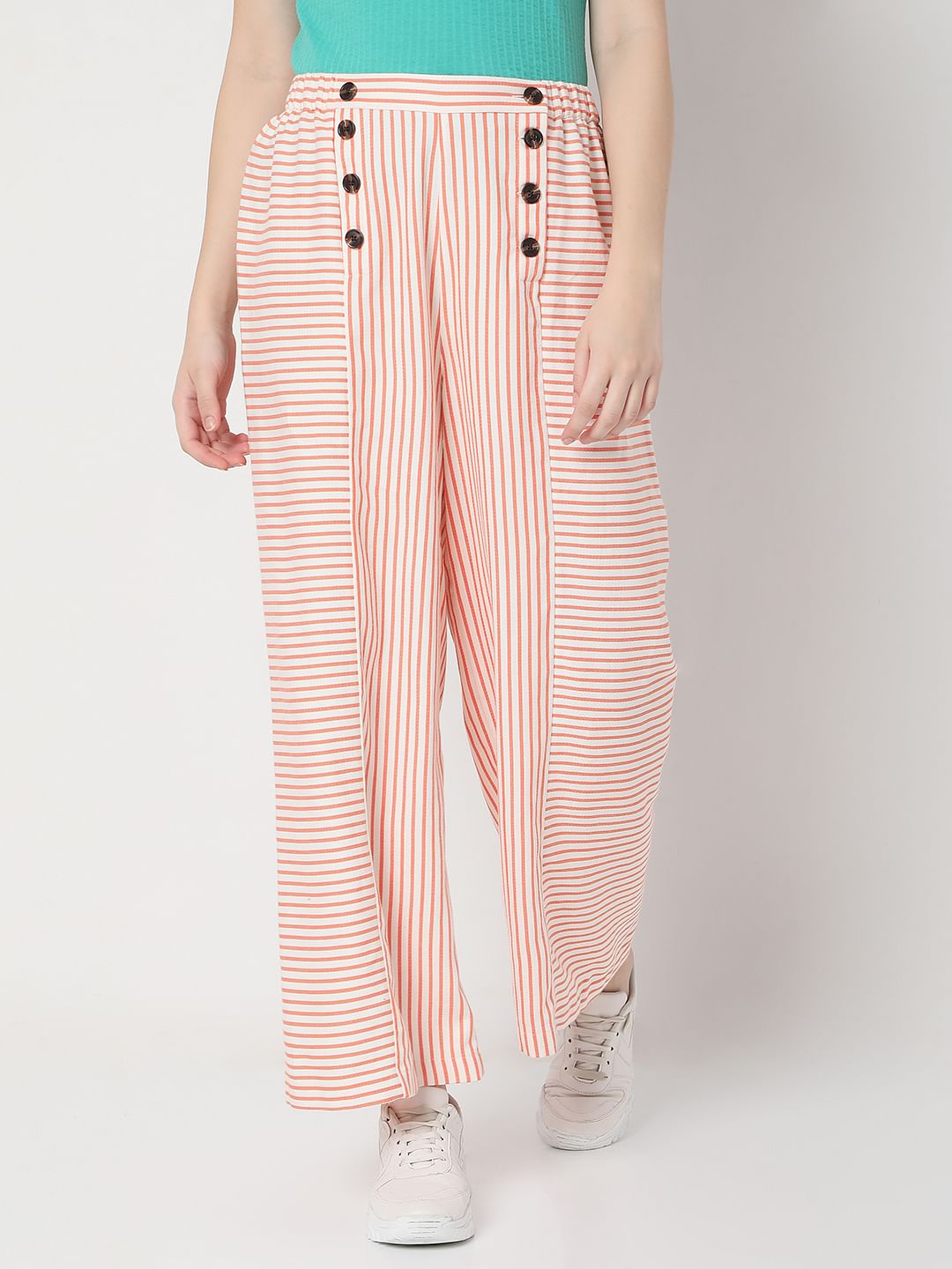 White Mid Rise Striped Co-Ord Set Pants