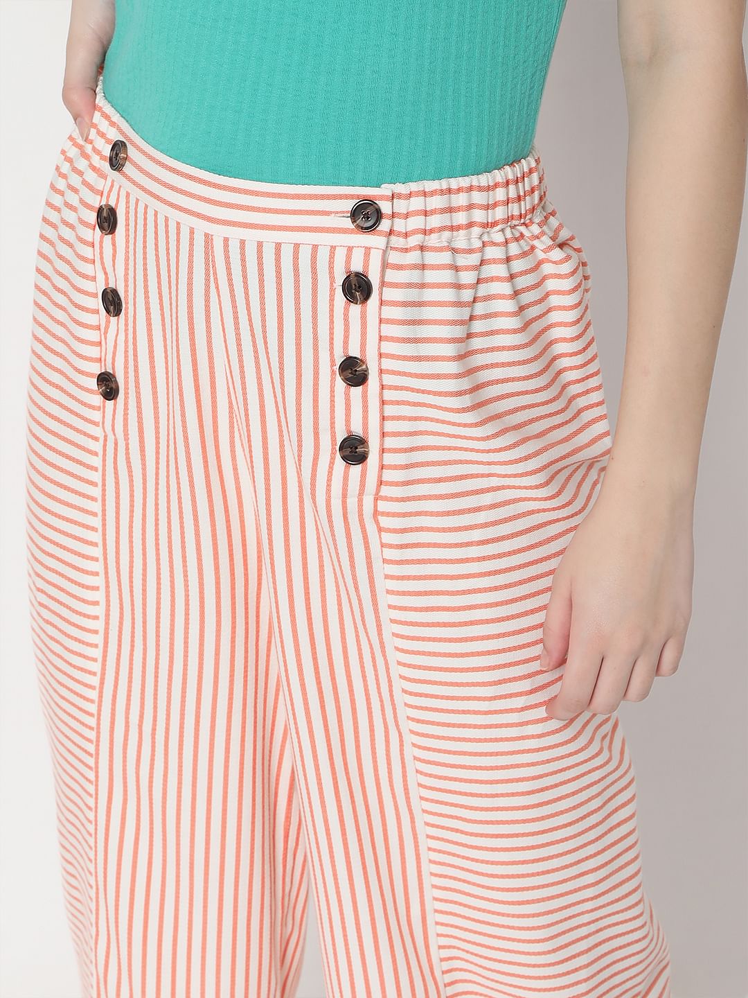 White Mid Rise Striped Co-Ord Set Pants