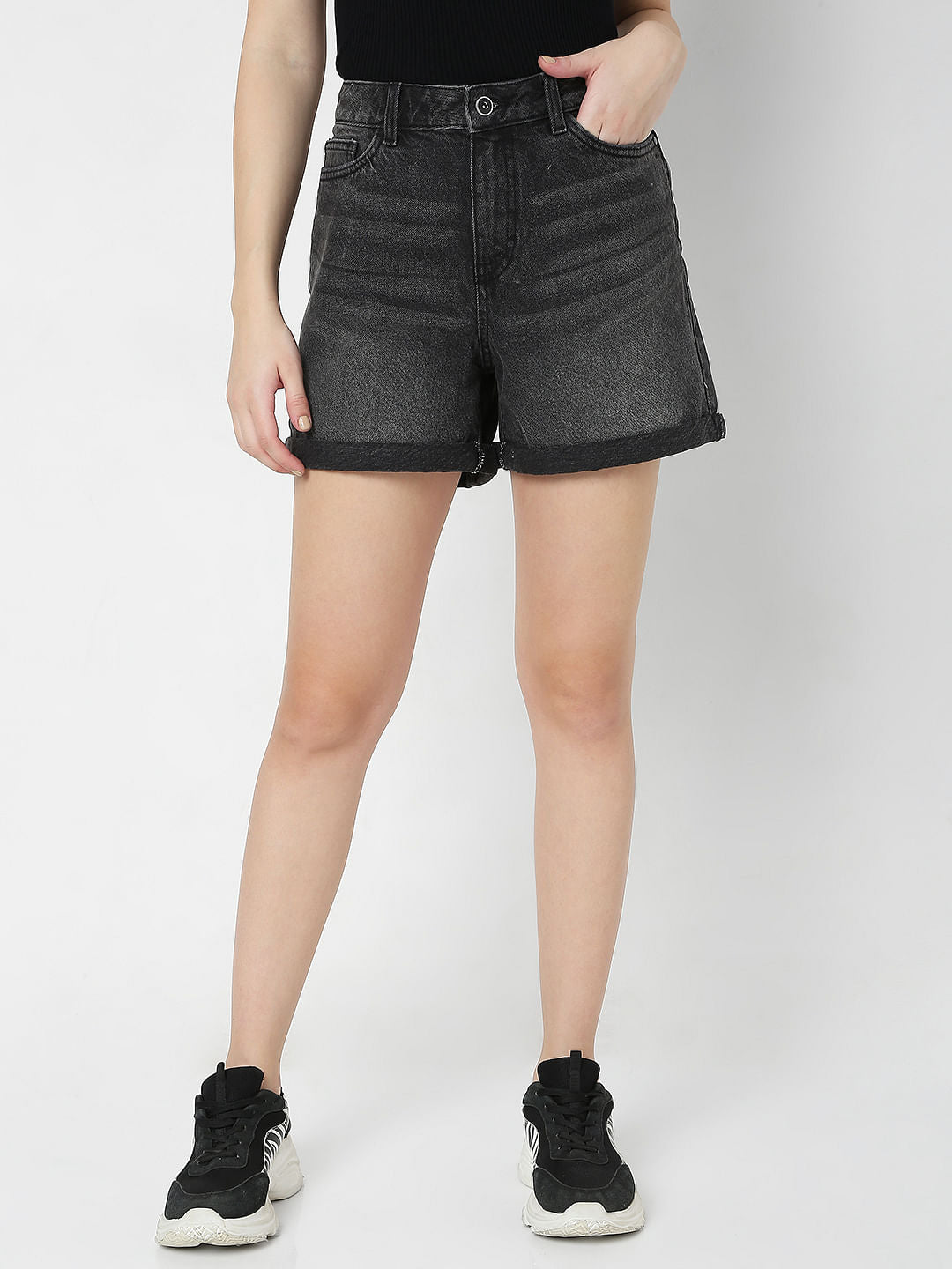 Drk Grey Mid Rise Denim Shorts