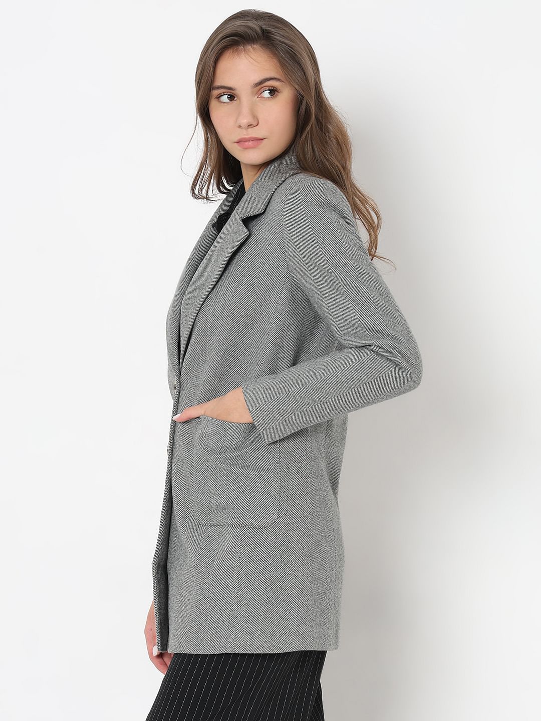 Grey Textured Blazer Coat