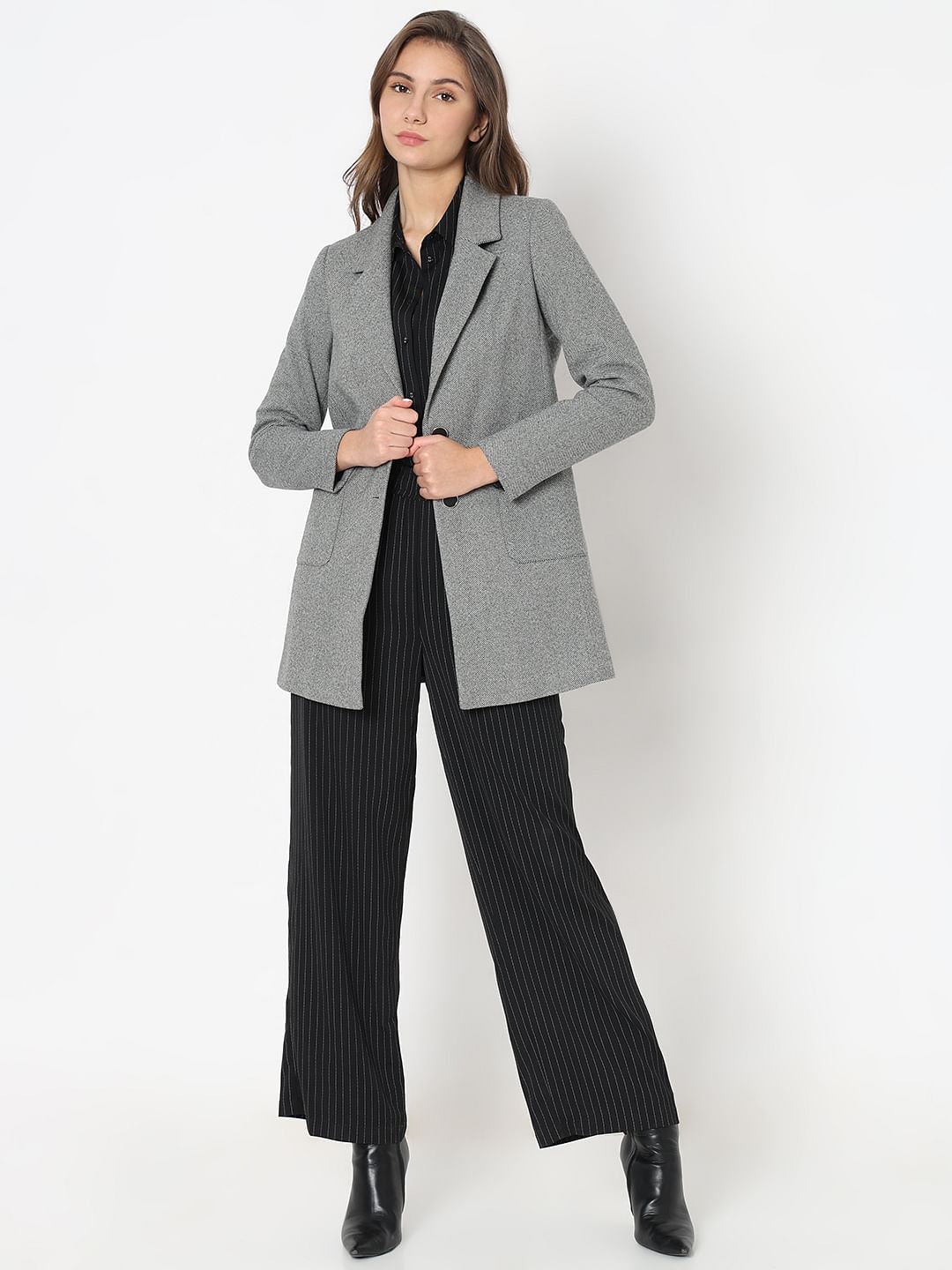 Grey Textured Blazer Coat