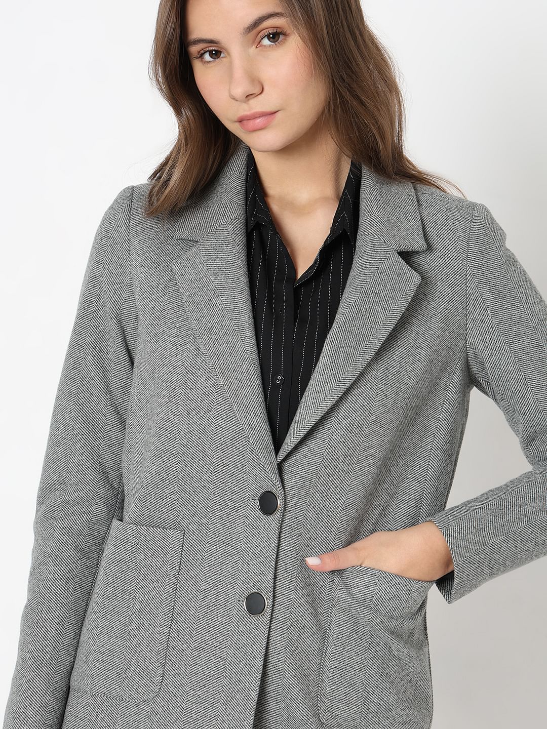 Grey Textured Blazer Coat