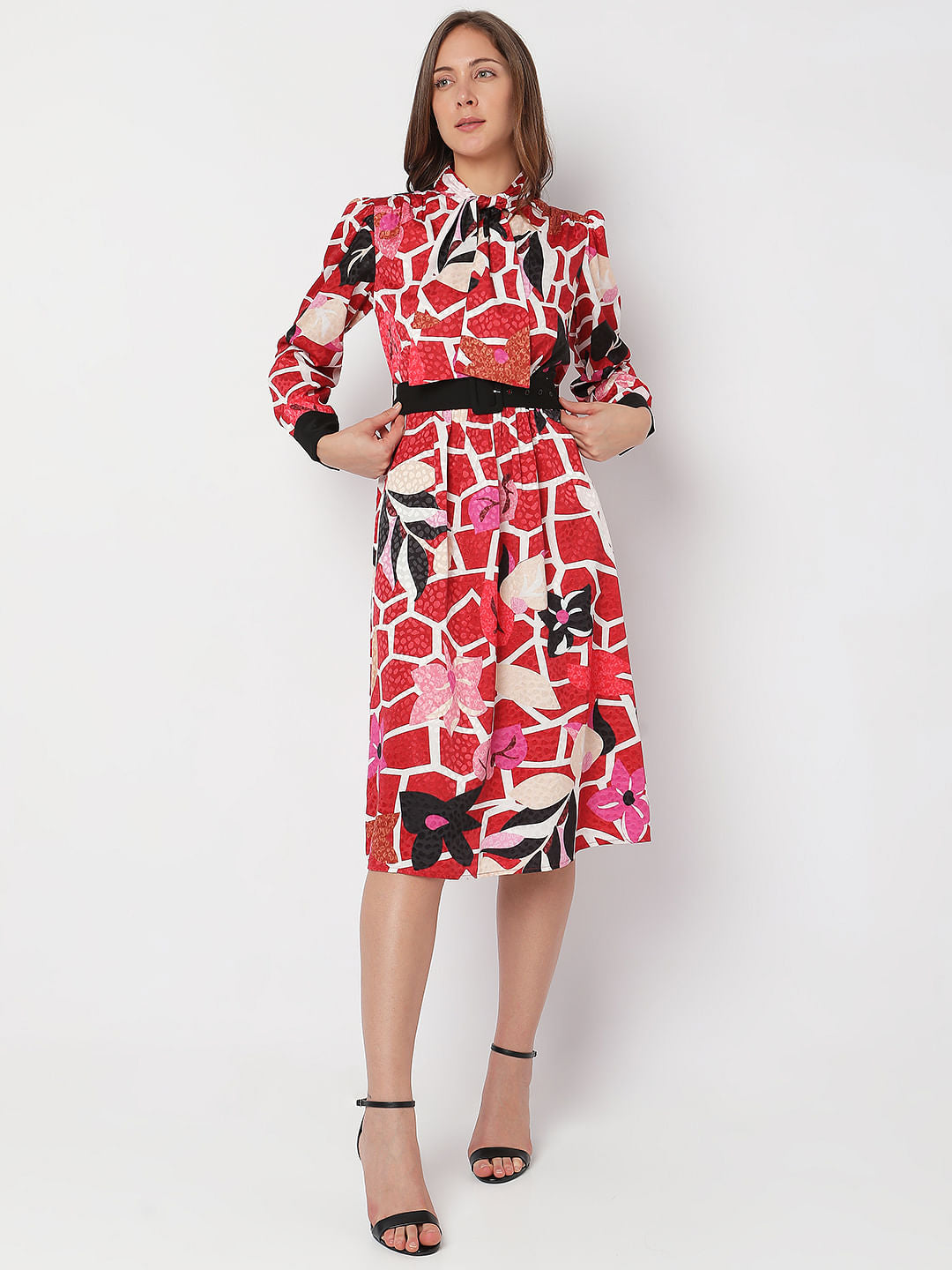 Red Floral Printed Midi Dress