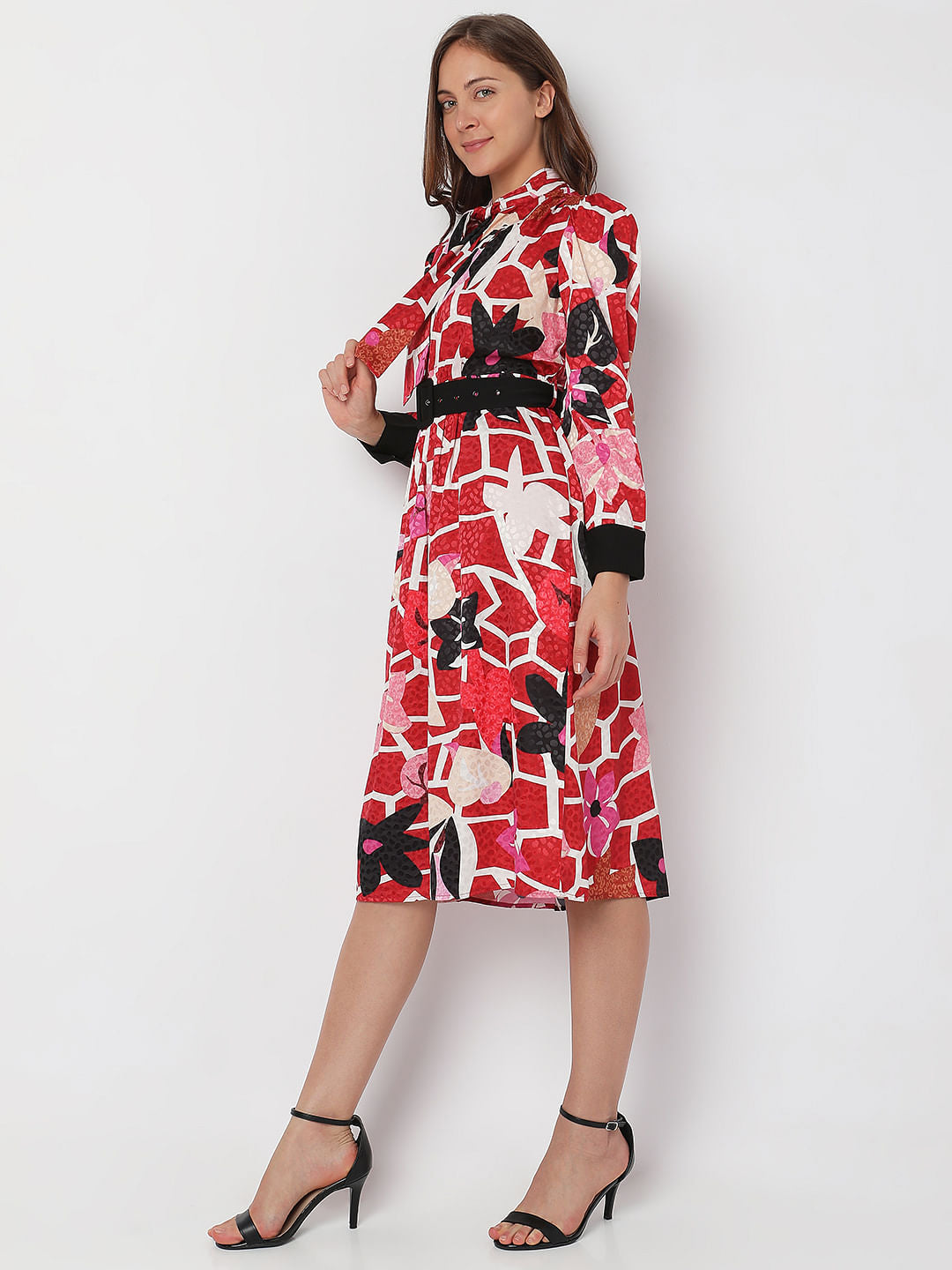 Red Floral Printed Midi Dress