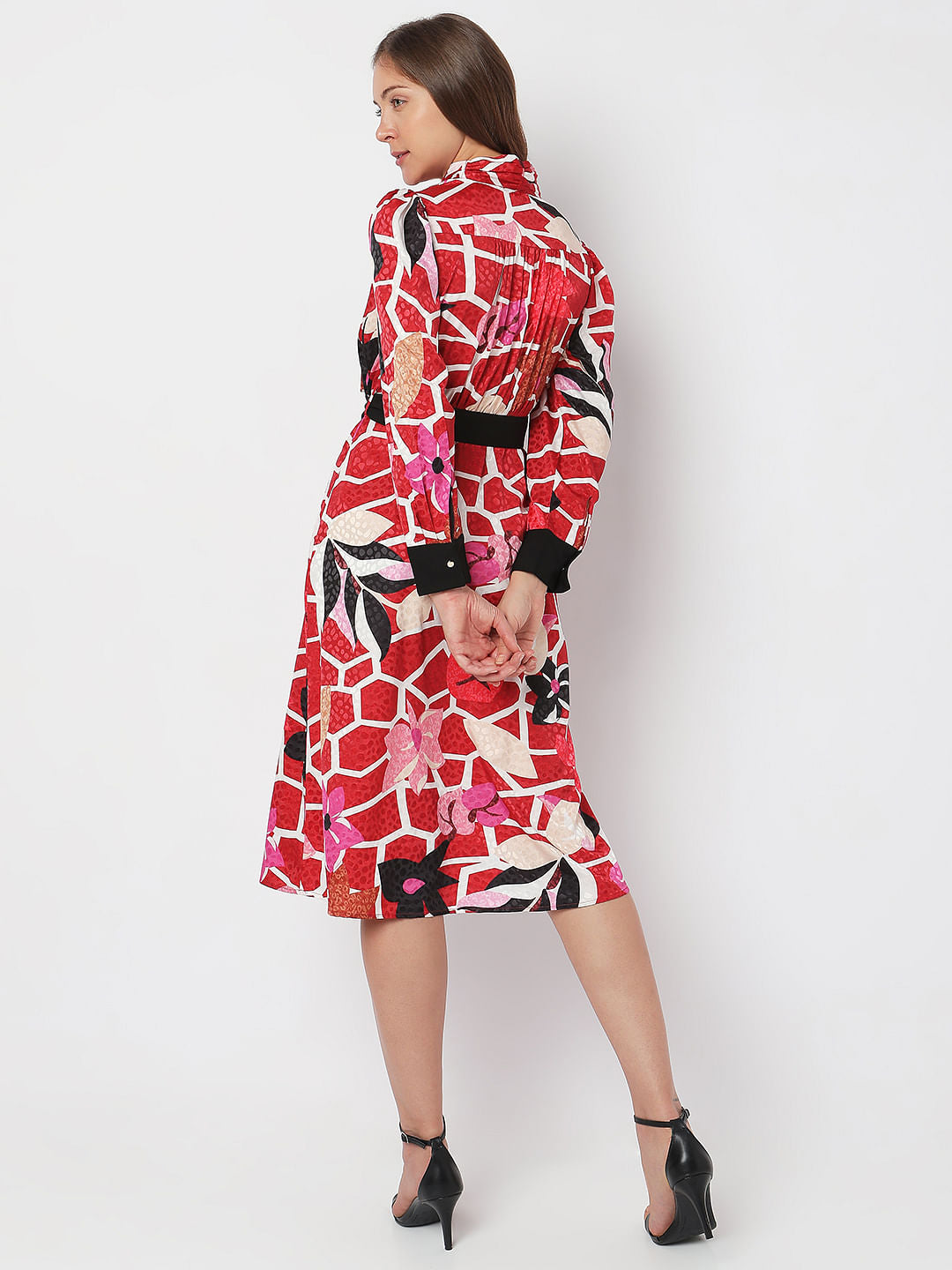 Red Floral Printed Midi Dress