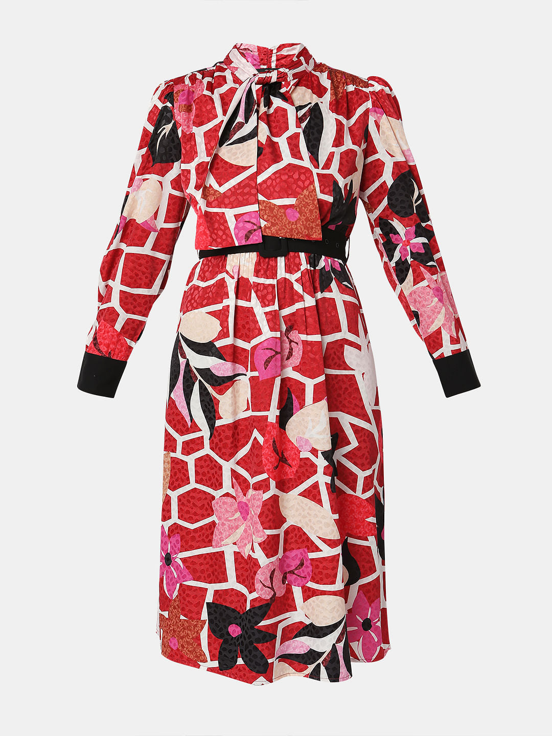 Red Floral Printed Midi Dress