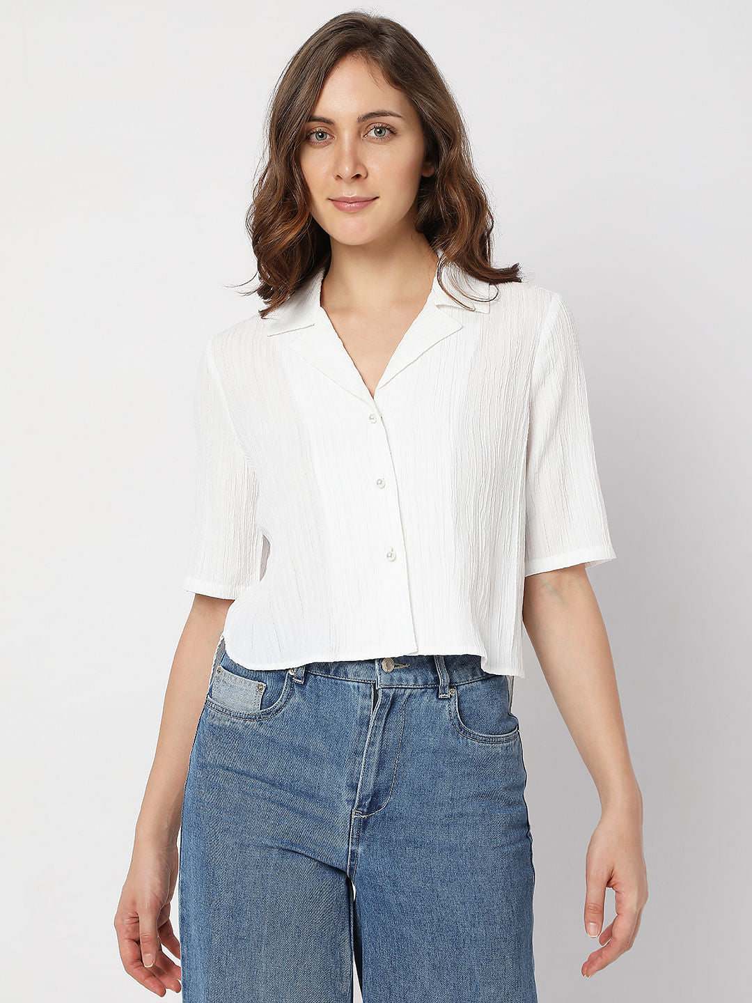 White Textured Crop Shirt