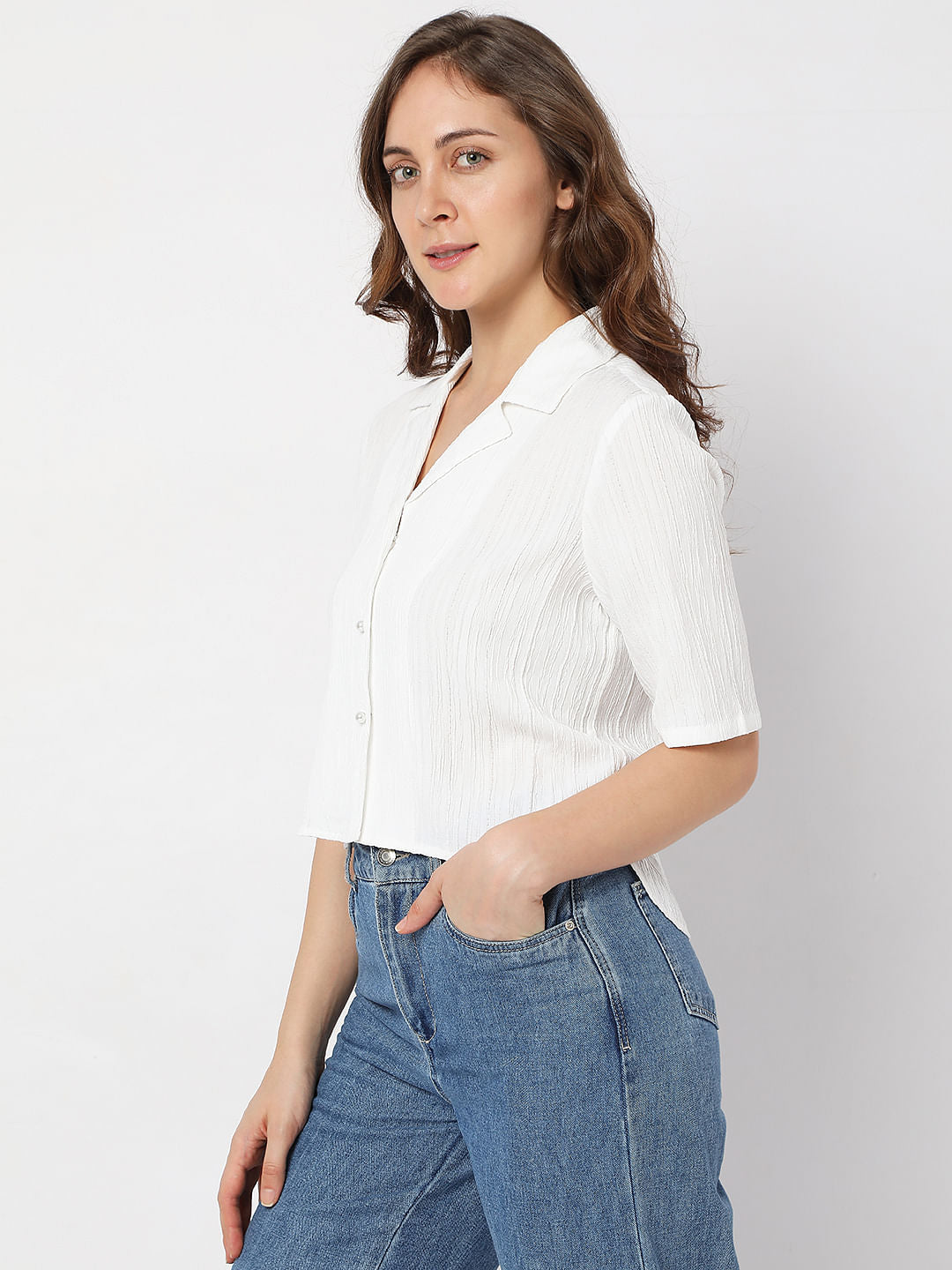 White Textured Crop Shirt