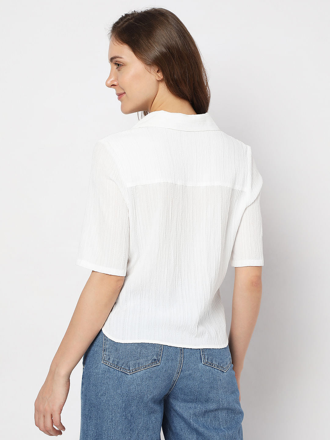 White Textured Crop Shirt