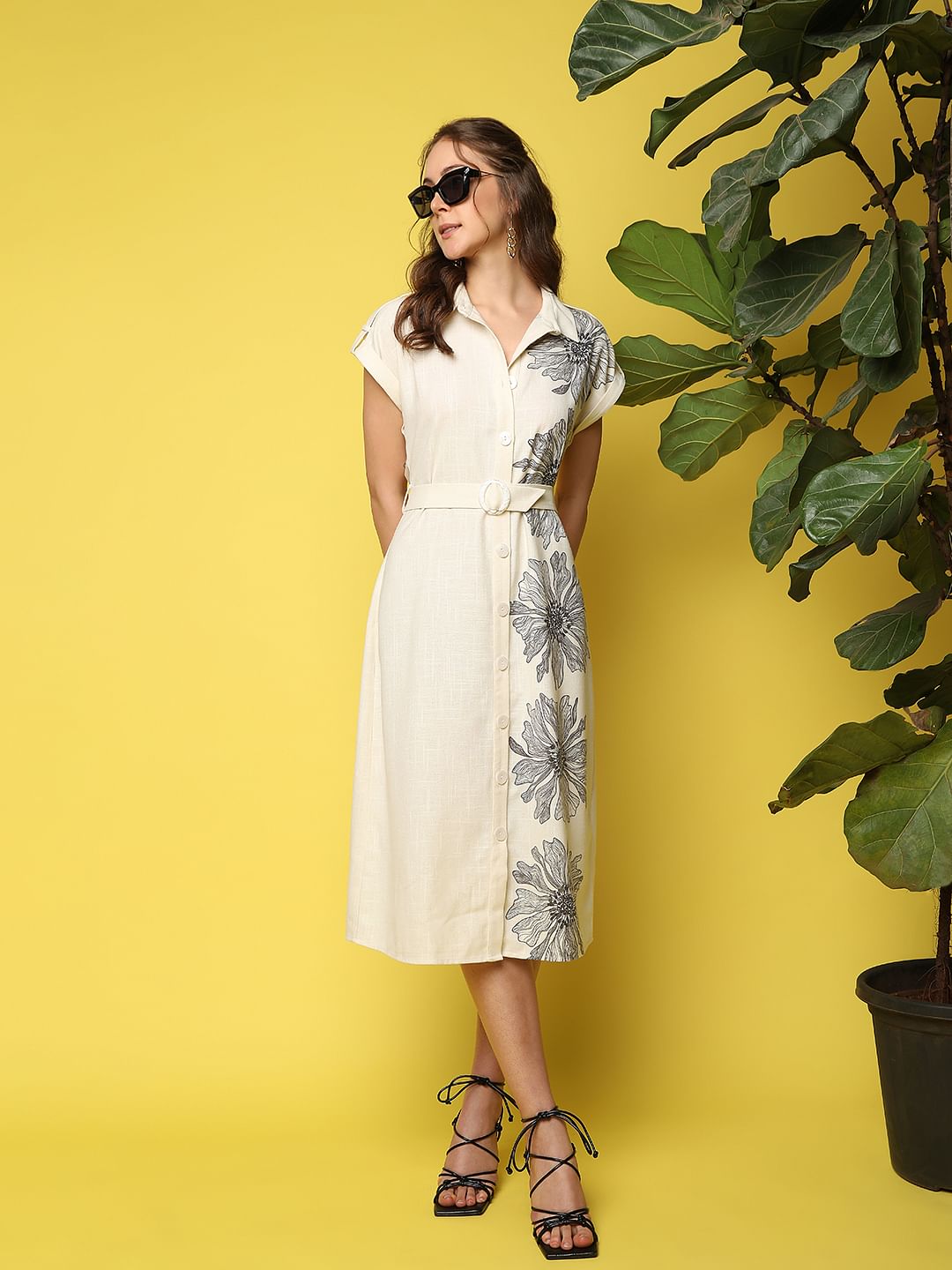 Beige Floral Print Midi Shirt Dress