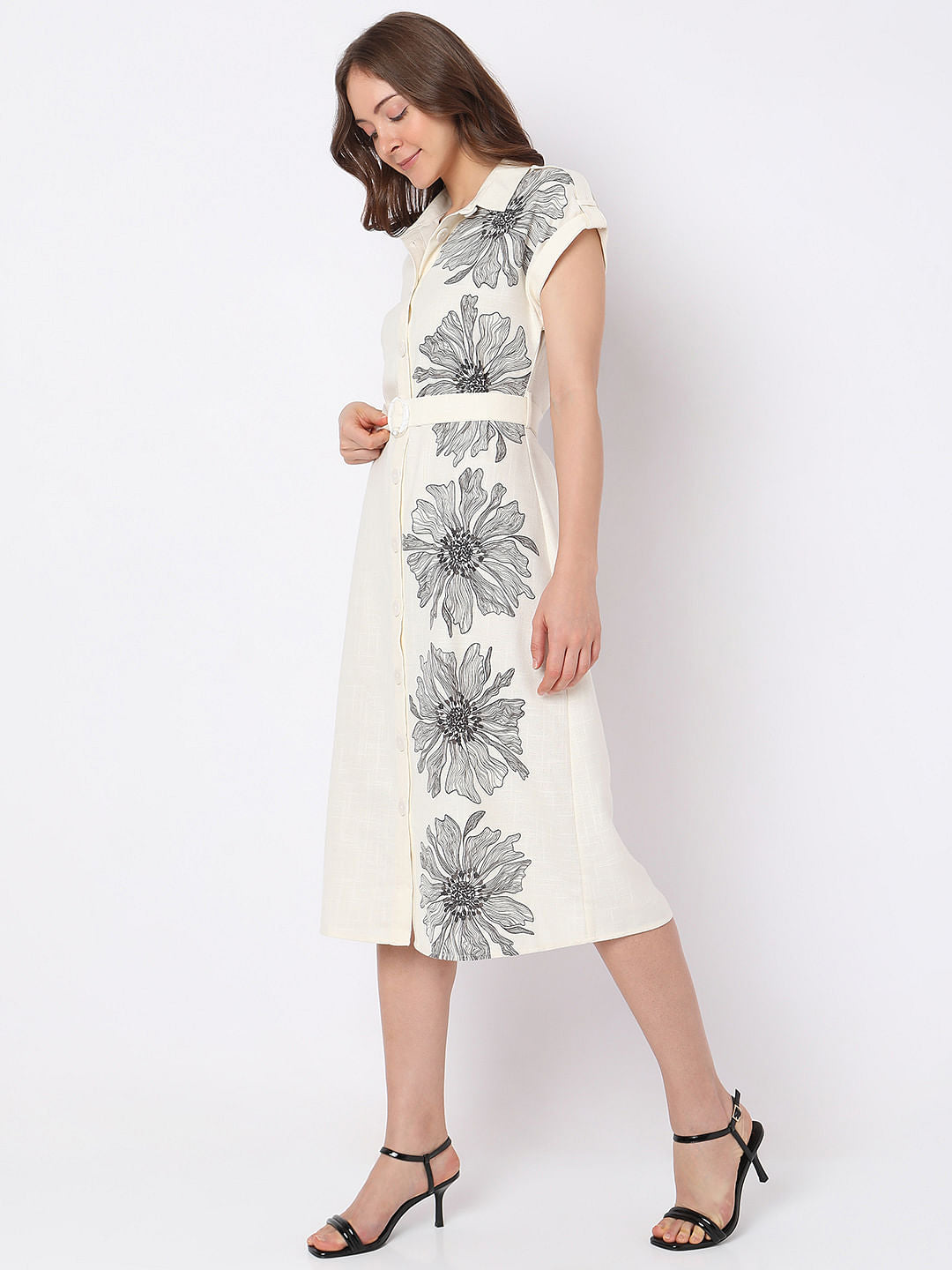 Beige Floral Print Midi Shirt Dress