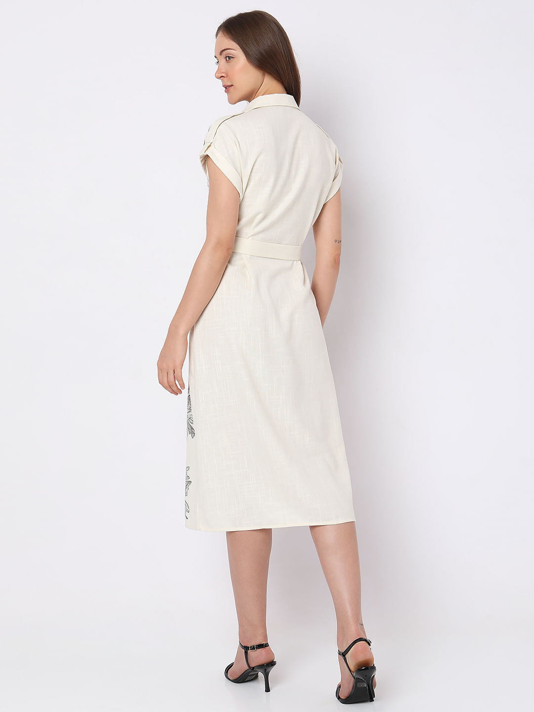 Beige Floral Print Midi Shirt Dress