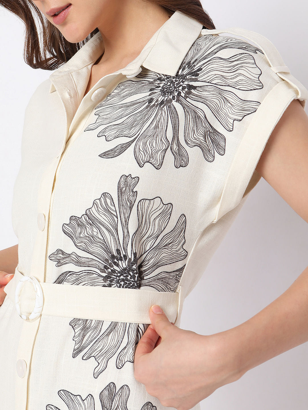 Beige Floral Print Midi Shirt Dress