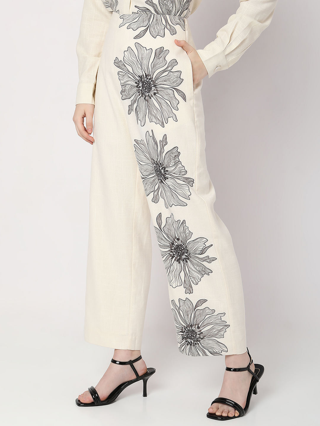 Beige High Rise Floral Co-Ord Pants