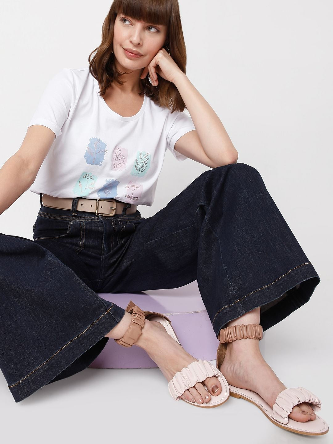 Beige Open Toe Flats