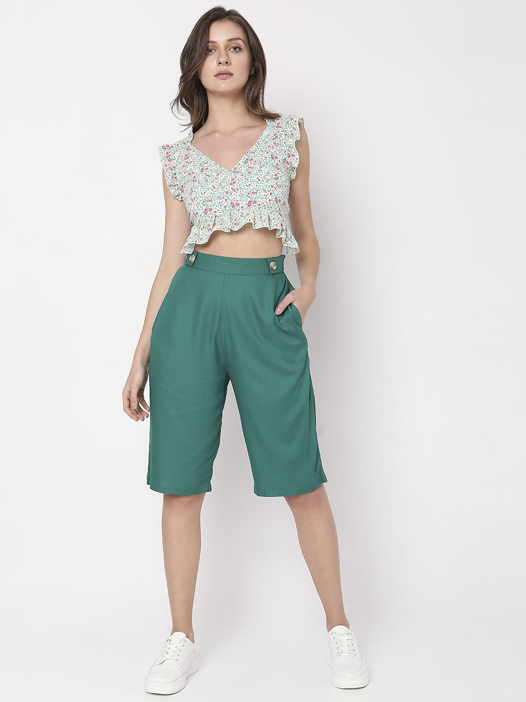 Green High Rise Cropped Pants