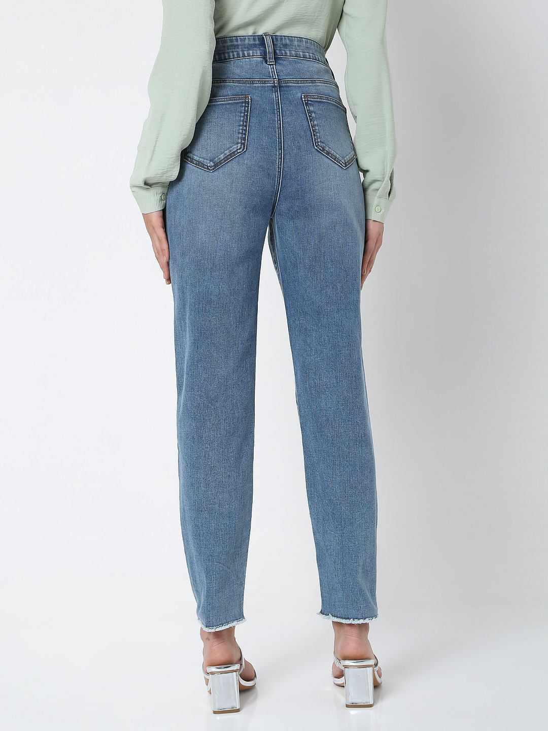 Blue Mid Rise Plain Straight Fit Jeans
