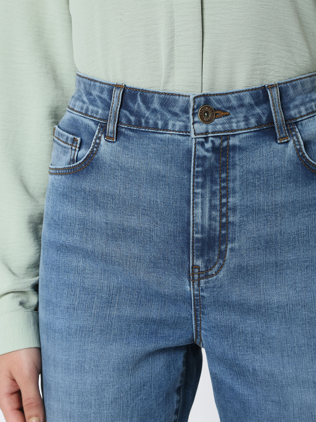 Blue Mid Rise Plain Straight Fit Jeans