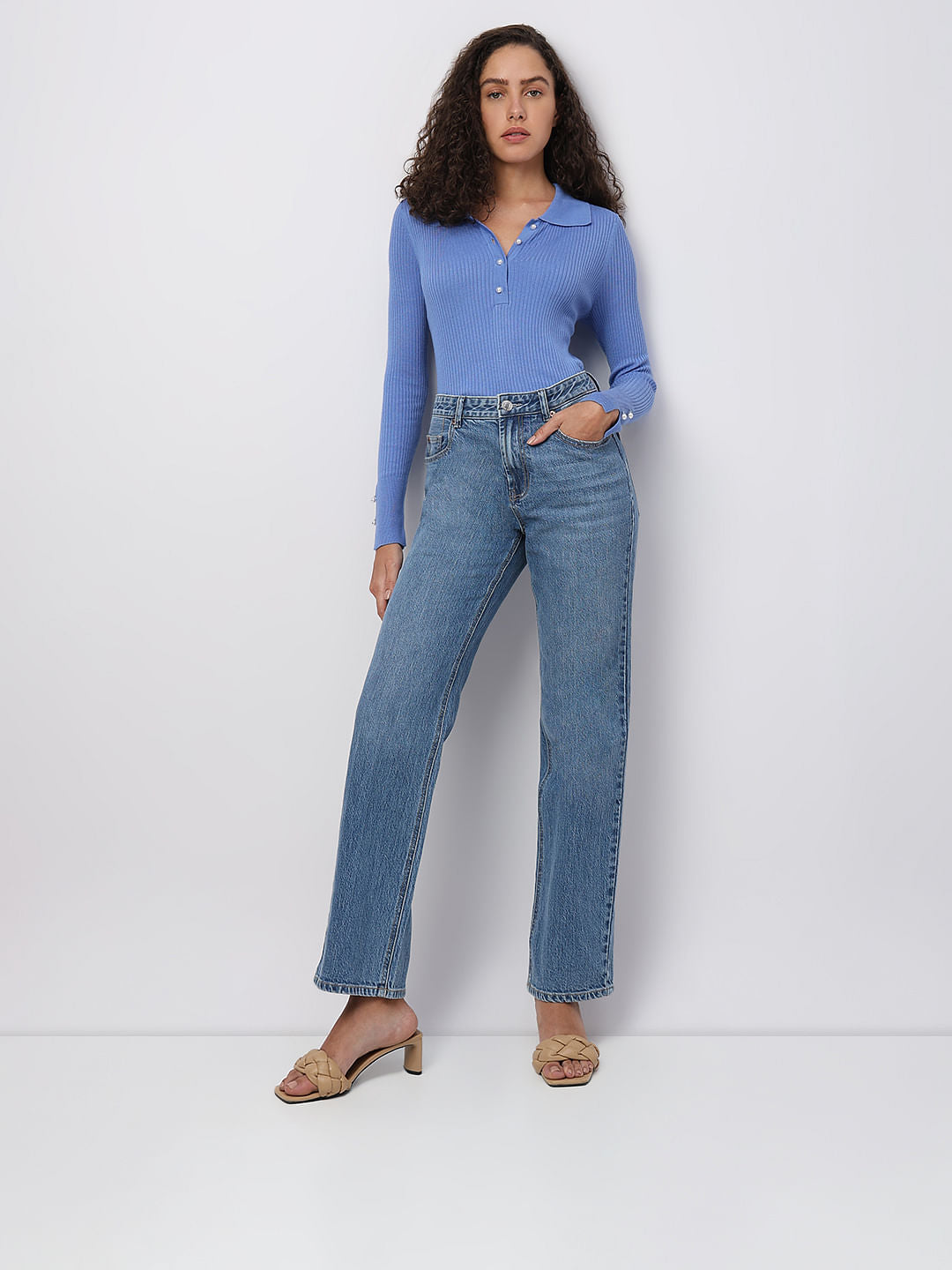 Blue High Rise Straight Fit Jeans