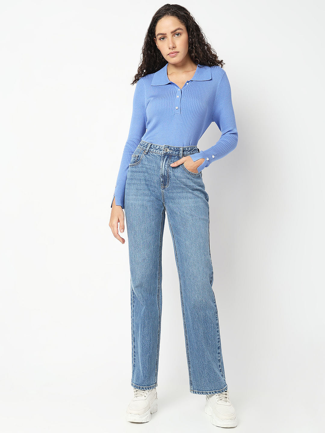 Blue High Rise Straight Fit Jeans