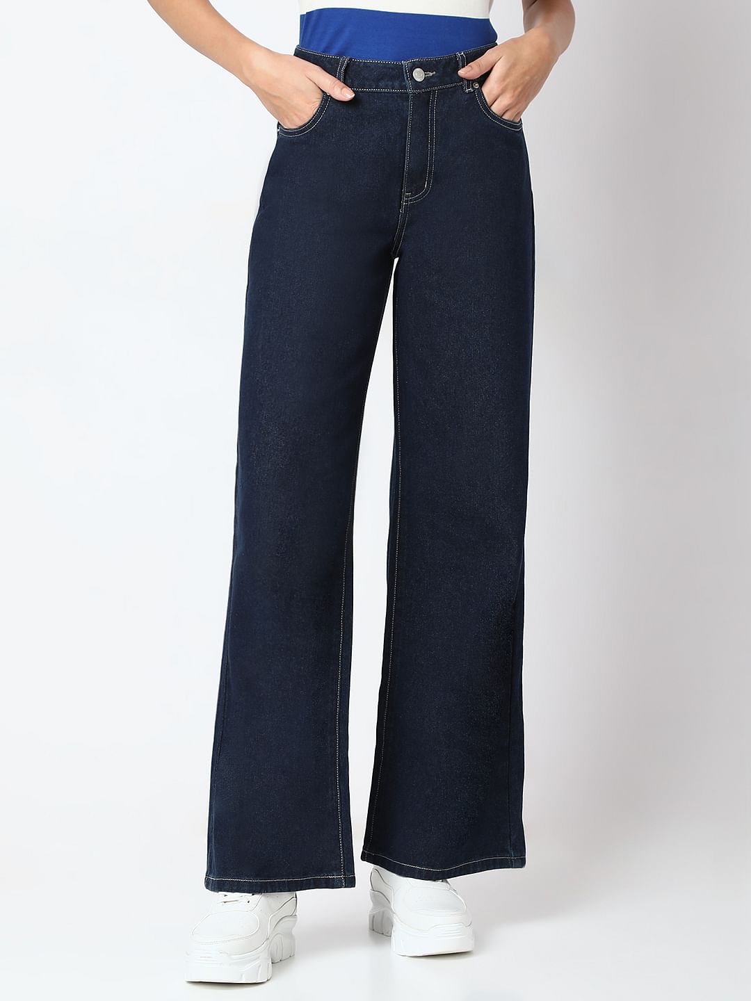 Dark Blue Wide Leg High Rise Jeans