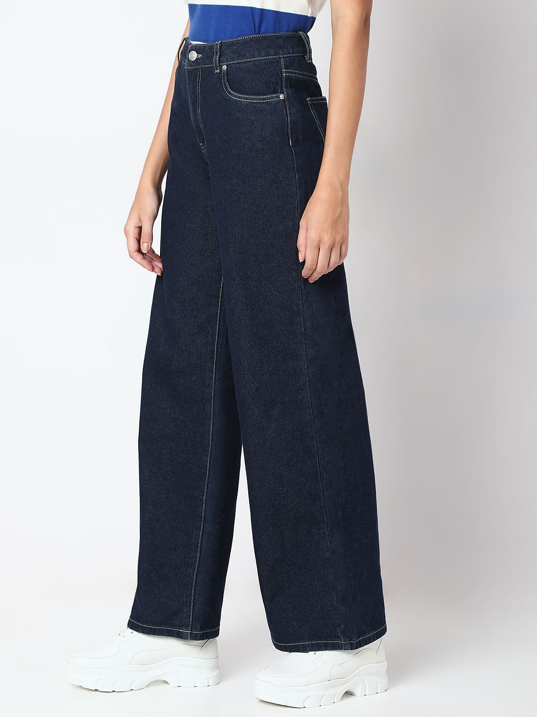 Dark Blue Wide Leg High Rise Jeans