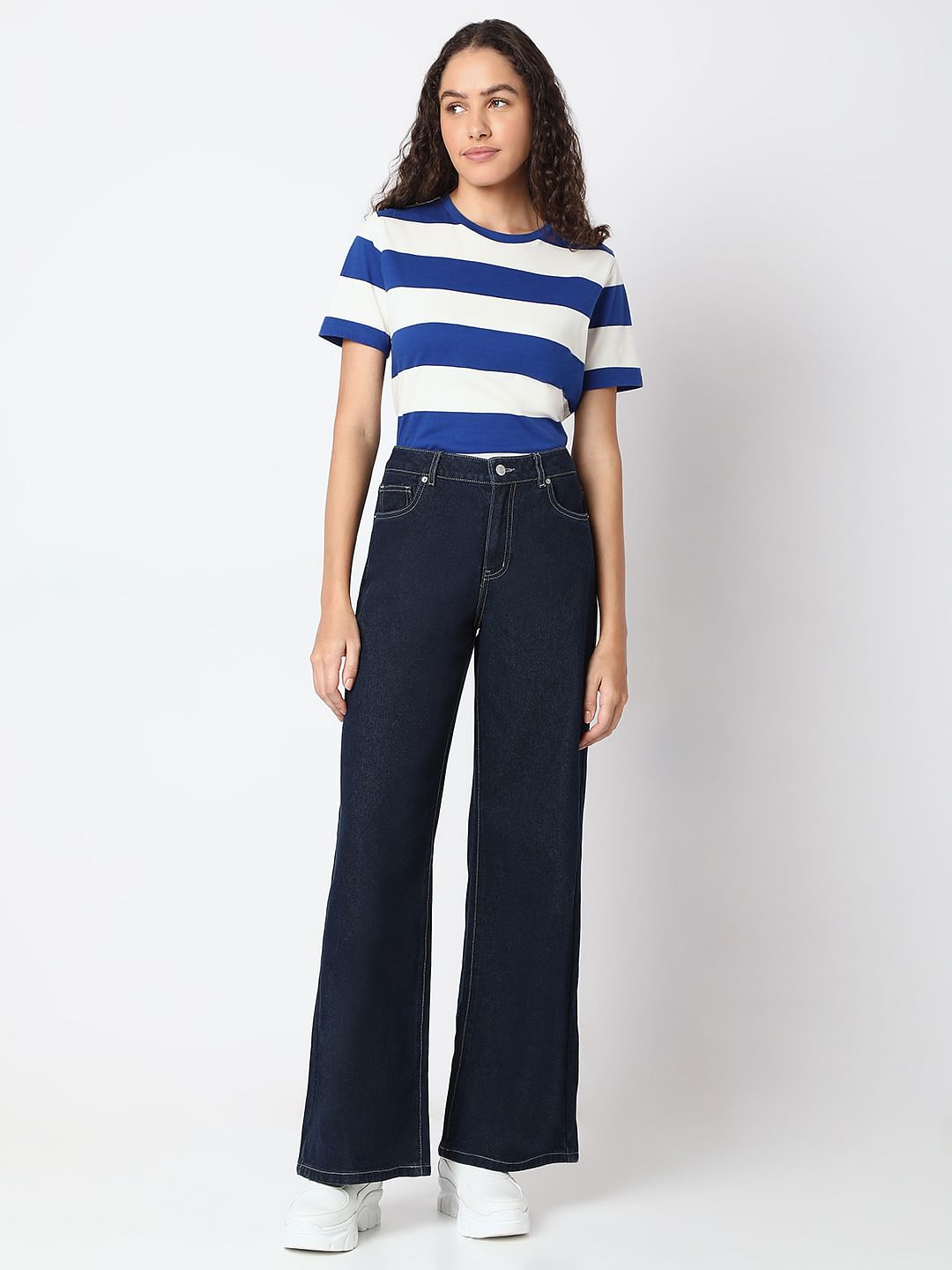 Dark Blue Wide Leg High Rise Jeans
