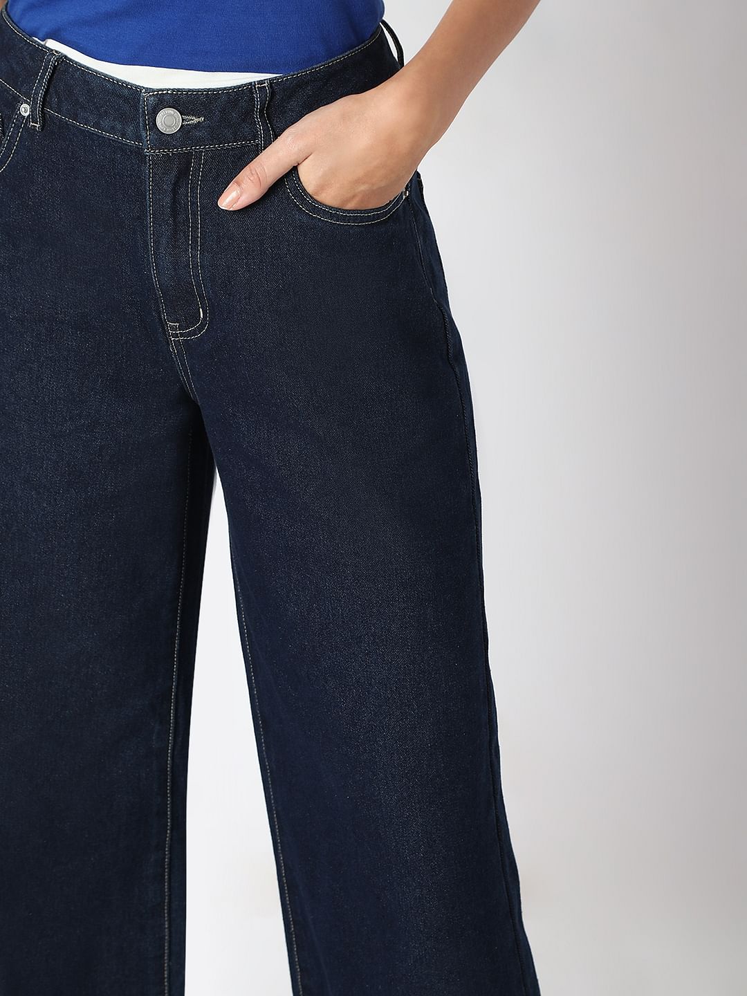 Dark Blue Wide Leg High Rise Jeans