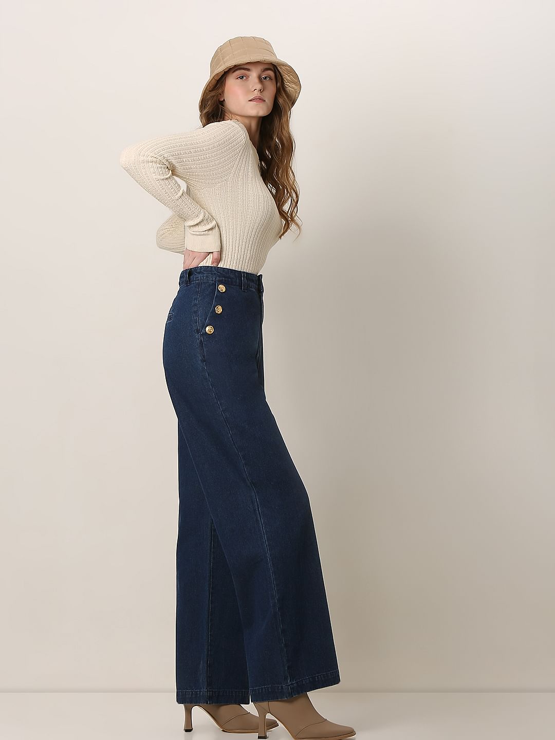 Dark Blue High Rise Wide Leg Jeans