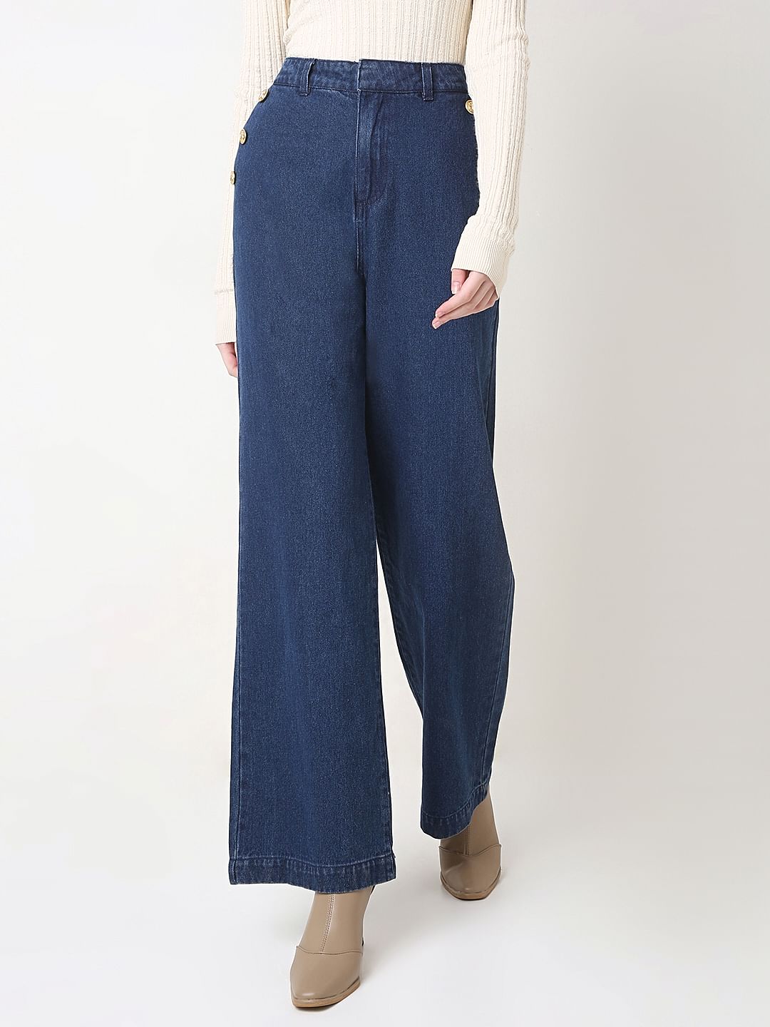 Dark Blue High Rise Wide Leg Jeans